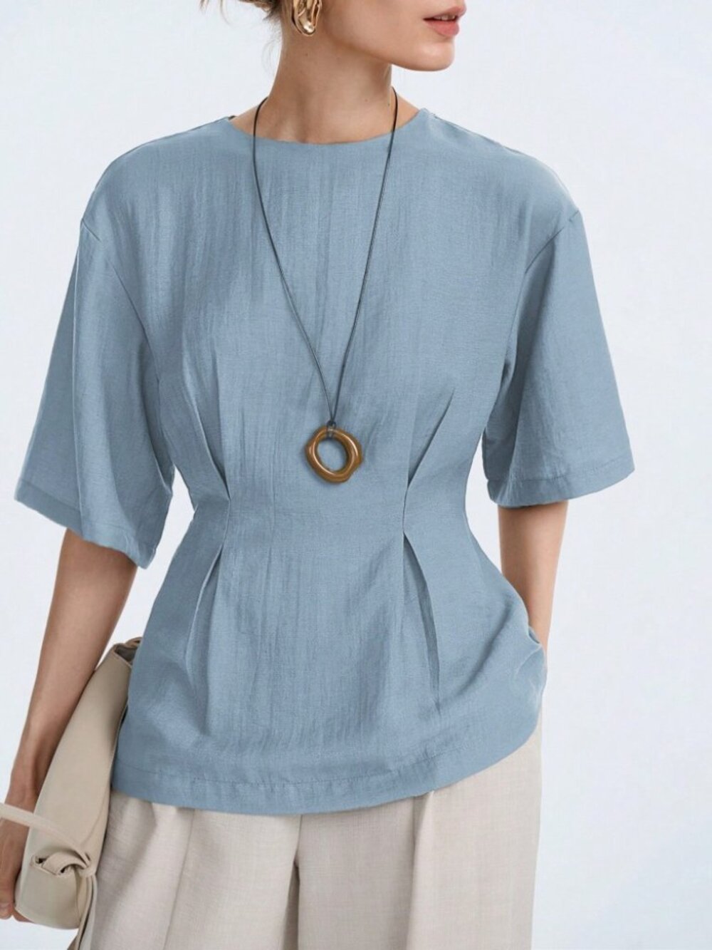 Dusty Blue Woven Blouse with Waist Pleat Detail